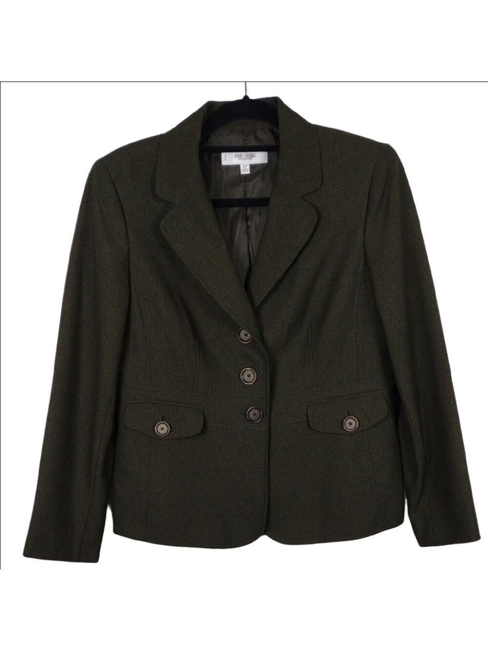 Jones Studio Petite Olive One Notched Collar Long Sleeve Button Front Blazer